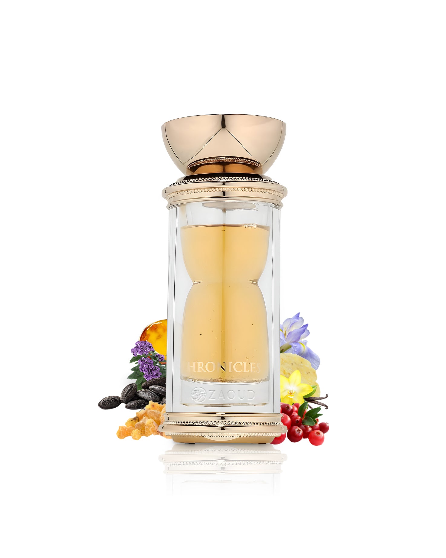 french avenue chronicles perfume bottle surrounded by fragrance notes like spices and vanilla shows against white background 