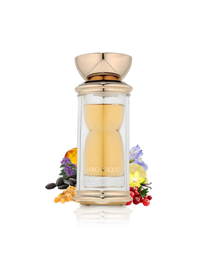 french avenue chronicles perfume bottle surrounded by fragrance notes like spices and vanilla shows against white background 