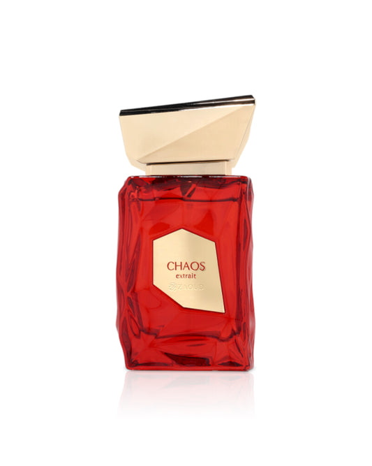 french avenue chaos extrait Red perfume bottle labeled 'Chaos' on a white background