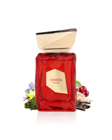 french avenue chaos extrait Red perfume bottle labeled 'Chaos' with decorative elements like vanilla and cherry on a white background