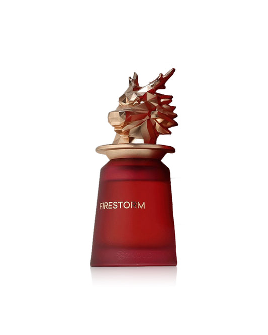 french avenue firestorm Red perfume bottle with a gold cap on a white background