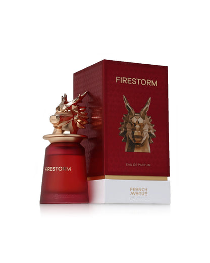 french avenue Firestorm perfume bottle and packaging on a white background