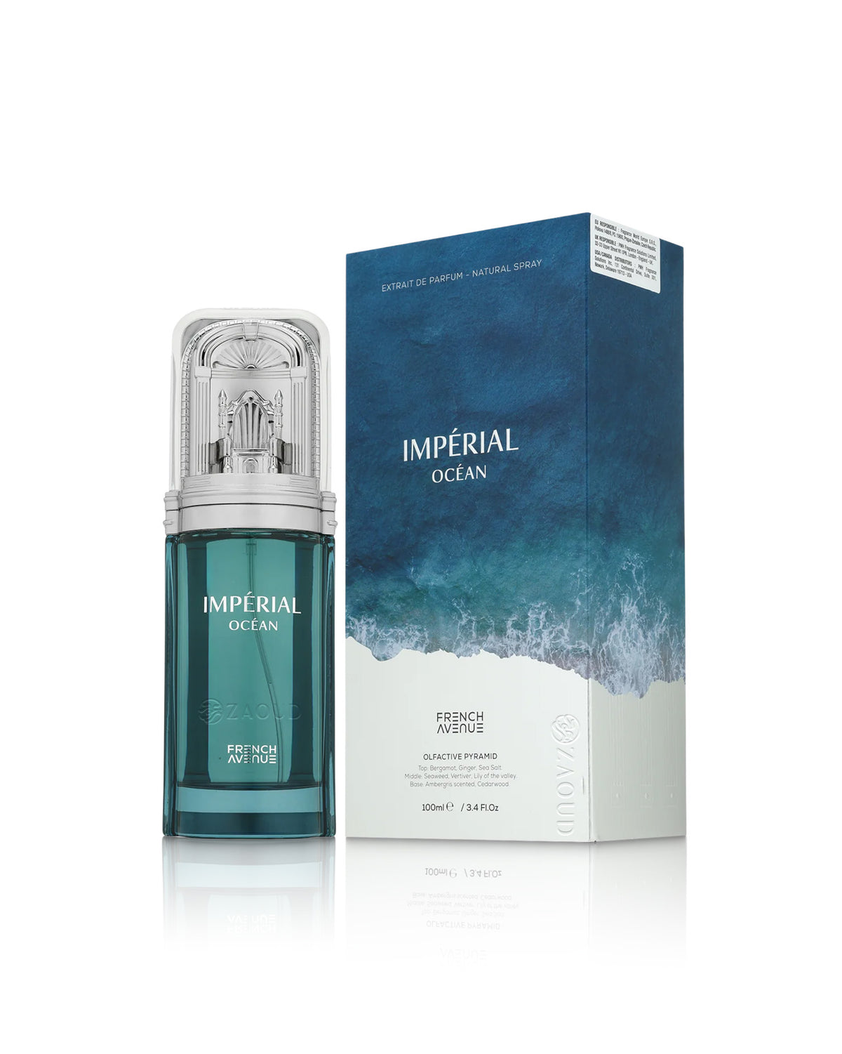french avenue imperial ocean perfume bottle shows beside its packaging  against white background