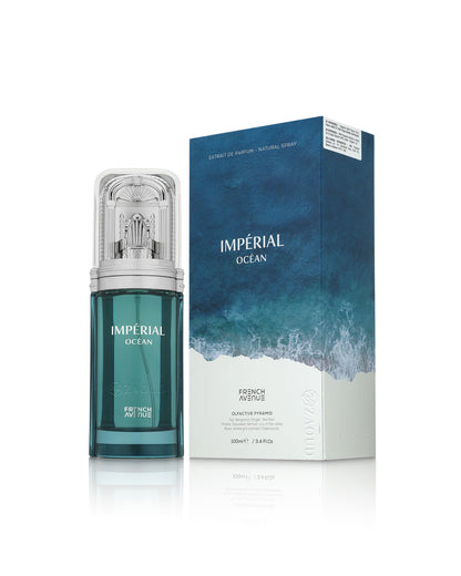 french avenue imperial ocean perfume bottle shows beside its packaging  against white background