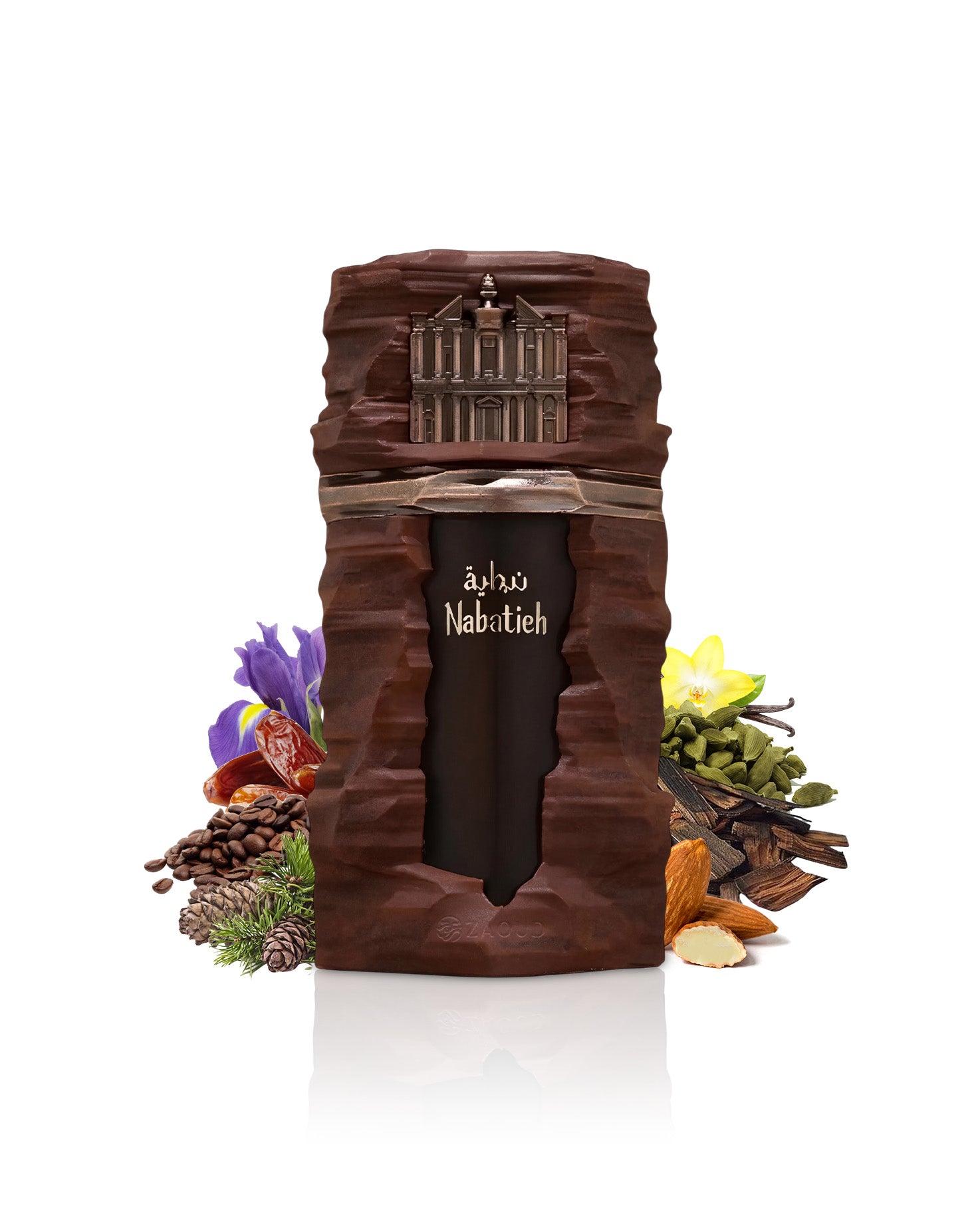 french avenue nabatieh perfume bottle surrounded by fragrance notes like almond and dates shows against white background