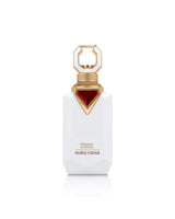 A white rectangular perfume bottle with a gold geometric cap and a red faceted accent on the neck, labeled zaoud French Avenue Noble Cedar, on a white background.