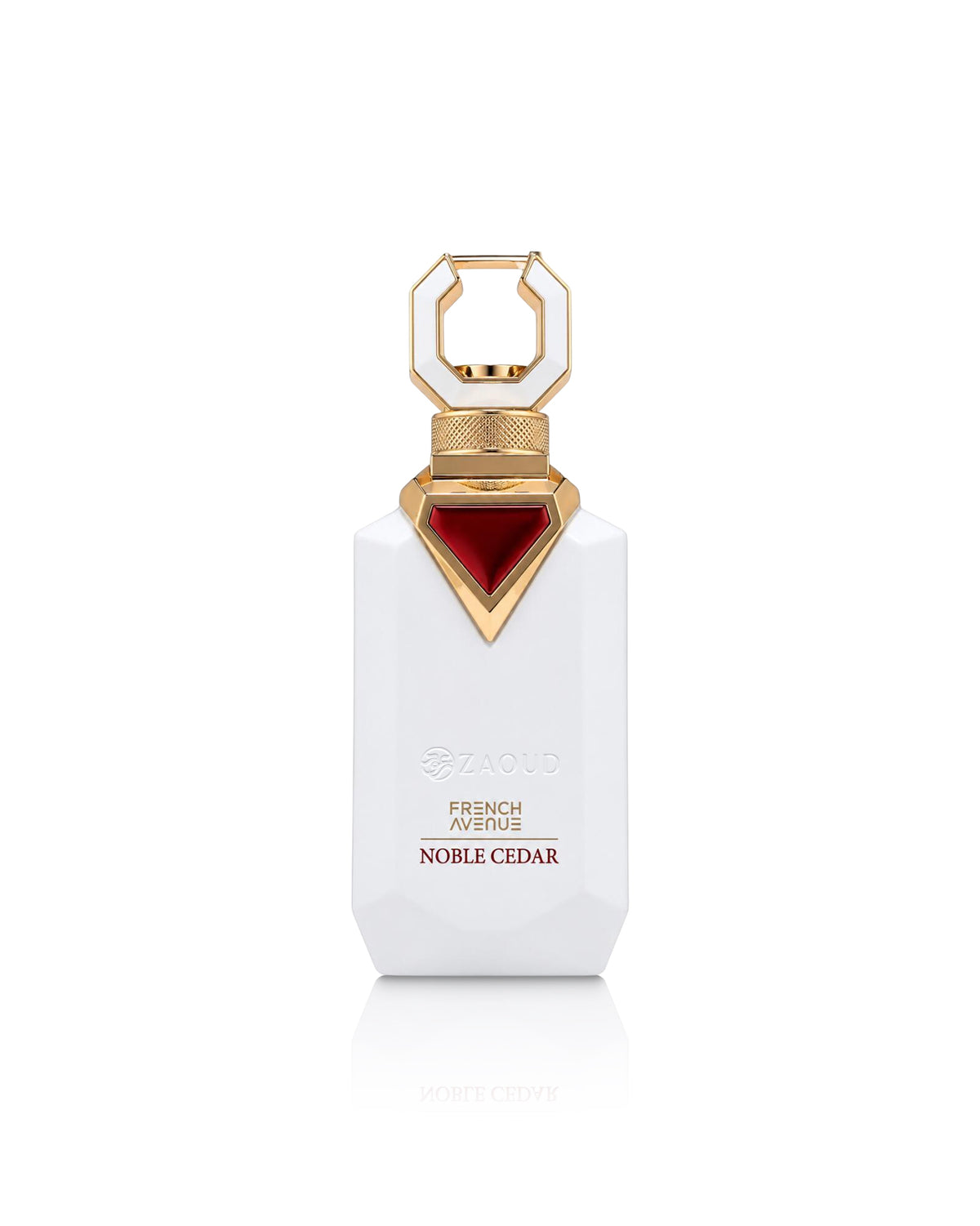 A white rectangular perfume bottle with a gold geometric cap and a red faceted accent on the neck, labeled zaoud French Avenue Noble Cedar, on a white background.