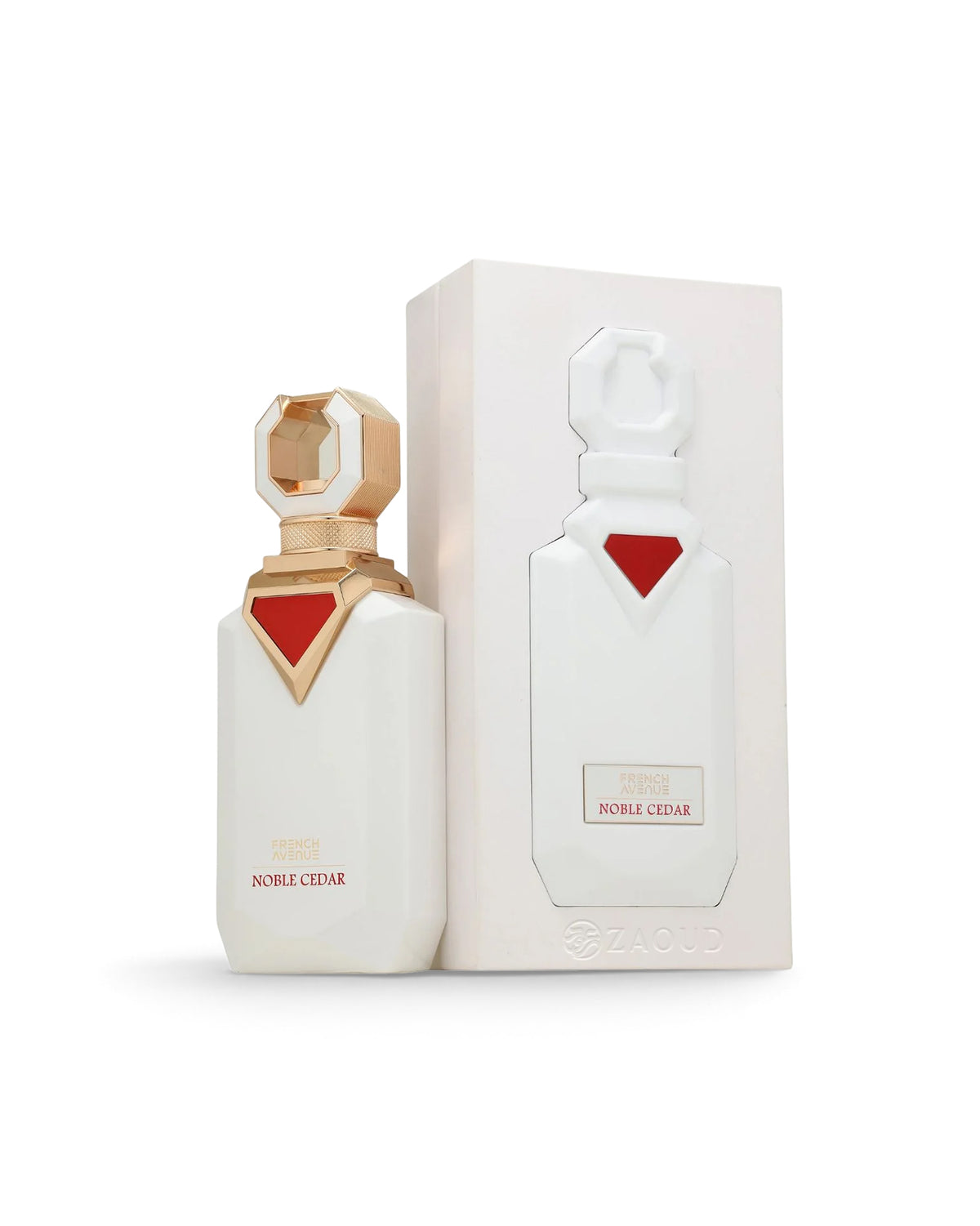 french avenue noble cedar perfume bottle shows beside packaging shows against white background
