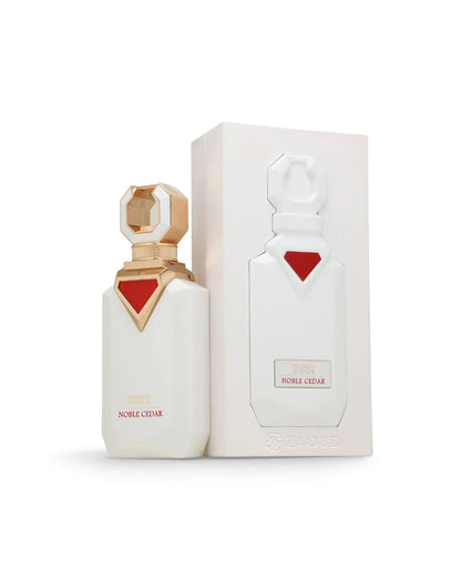 french avenue noble cedar perfume bottle shows beside packaging shows against white background