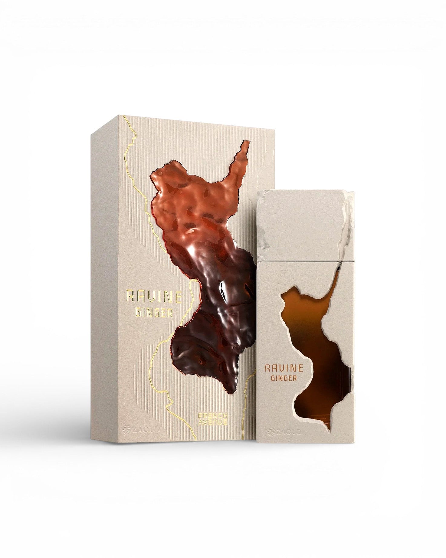 french avenue ravine ginger perfume bottle shows beside its packaging against white background