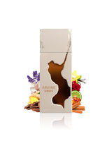 french avenue ravine ginger perfume bottle surrounded by fragrance notes like ginger and oud shows against white background