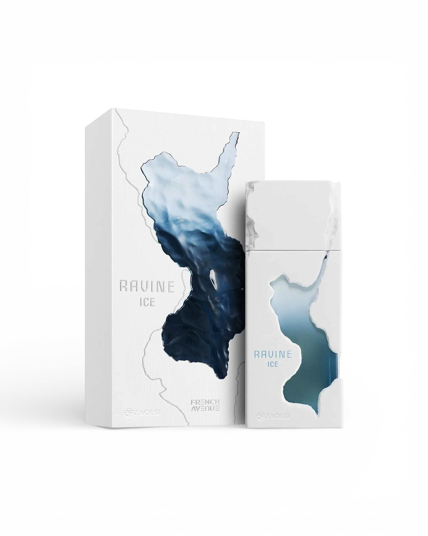 french avenue ravine ice perfume bottle shows beside its packaging against white background