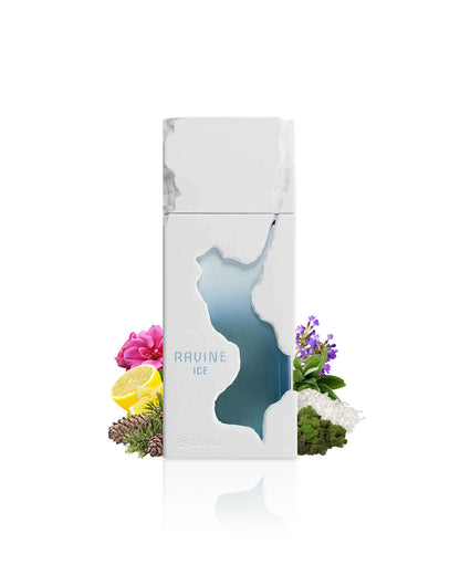 french avenue ravine ice perfume bottle surrounded by fragrance notes like salt and peony shows against white background