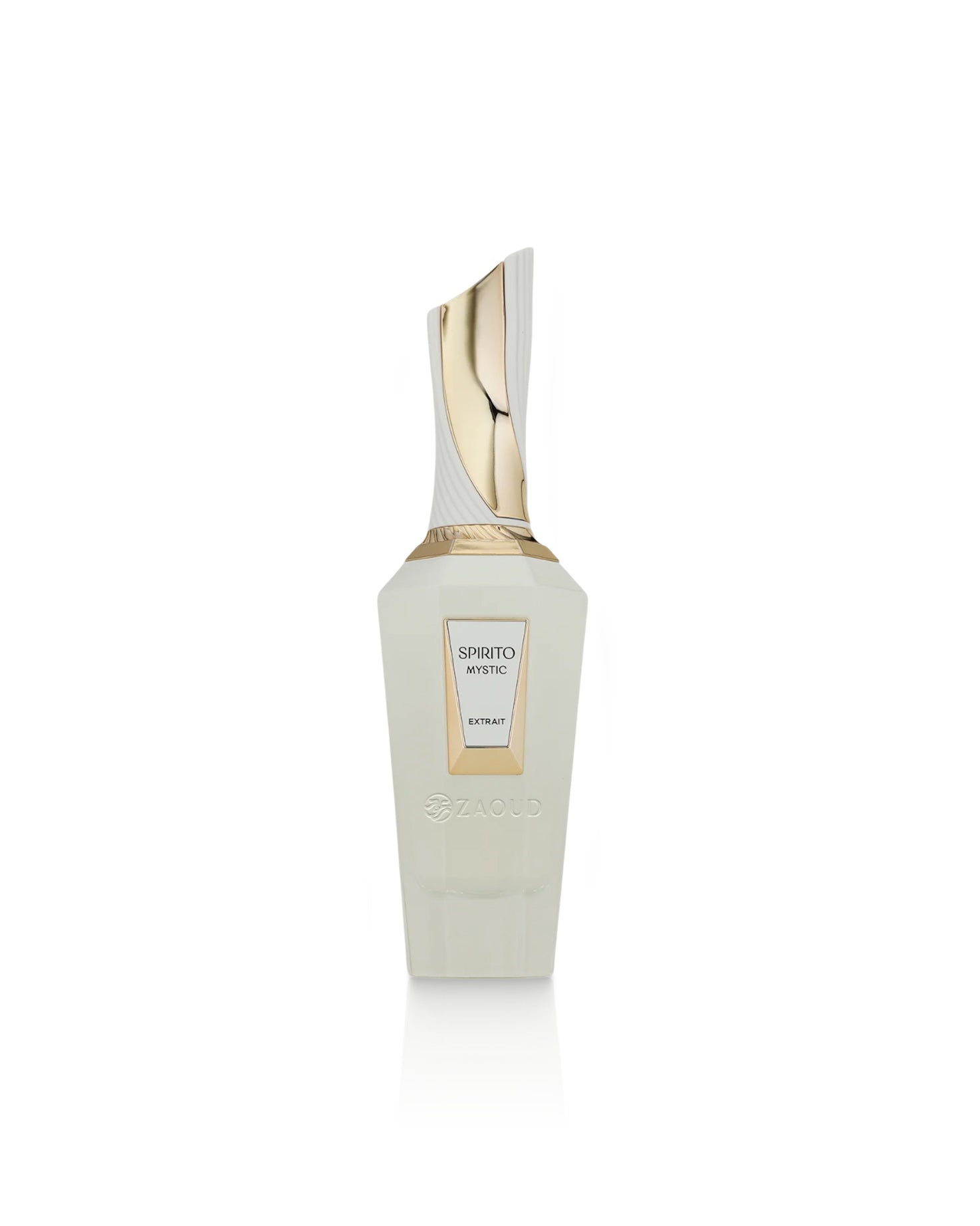 A bottle french avenue spirito mystic, featuring a frosted off-white bottle with a metallic gold cap and a gold-bordered label, set against a plain white background.