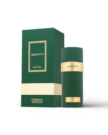 french avenue zenith santal perfume bottle shows beside packaging against white background