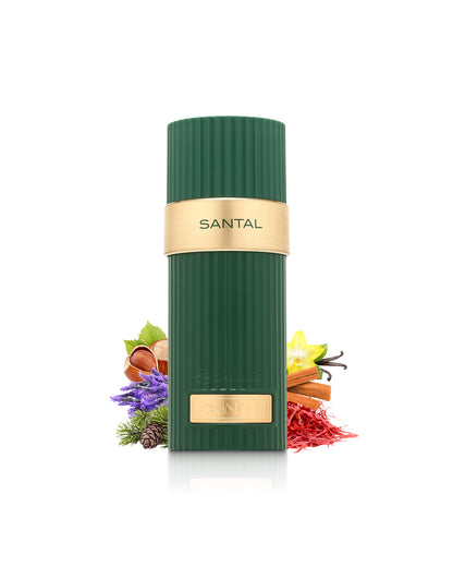 french avenue zenith santal perfume bottle surrounded by fragrance notes like saffron and spices shows against white background