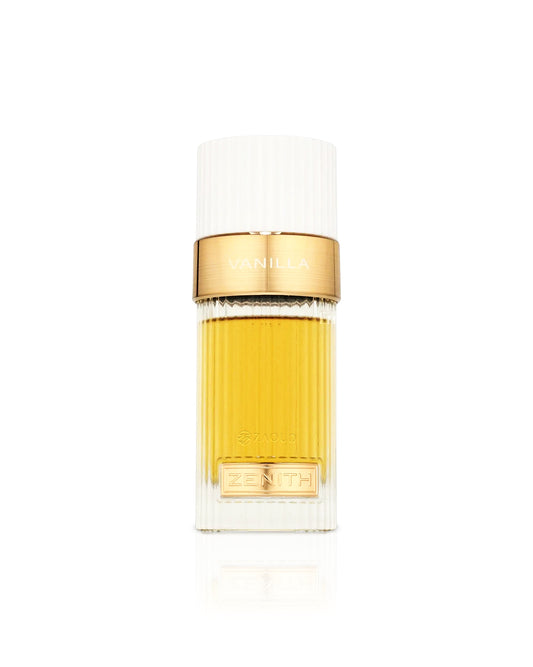 french avenue zenith vanilla Perfume bottle with gold cap and body on a white background