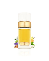 french avenue zenith vanilla Perfume bottle with decorative elements like vanilla and jasmine on a white background