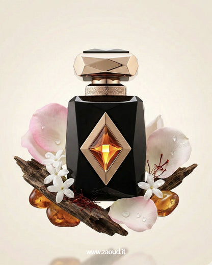 French Avenue Amber Saffron perfume bottle with saffron threads, spices, and woody notes representing a warm oriental saffron fragrance.
