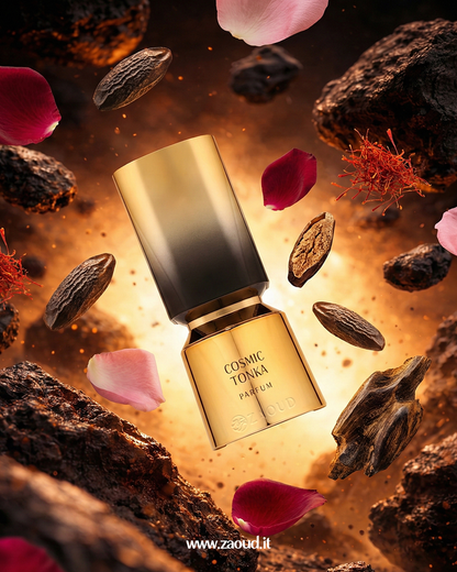 Cosmic Tonka perfume bottle surrounded by tonka beans, petals, and saffron on a dark background