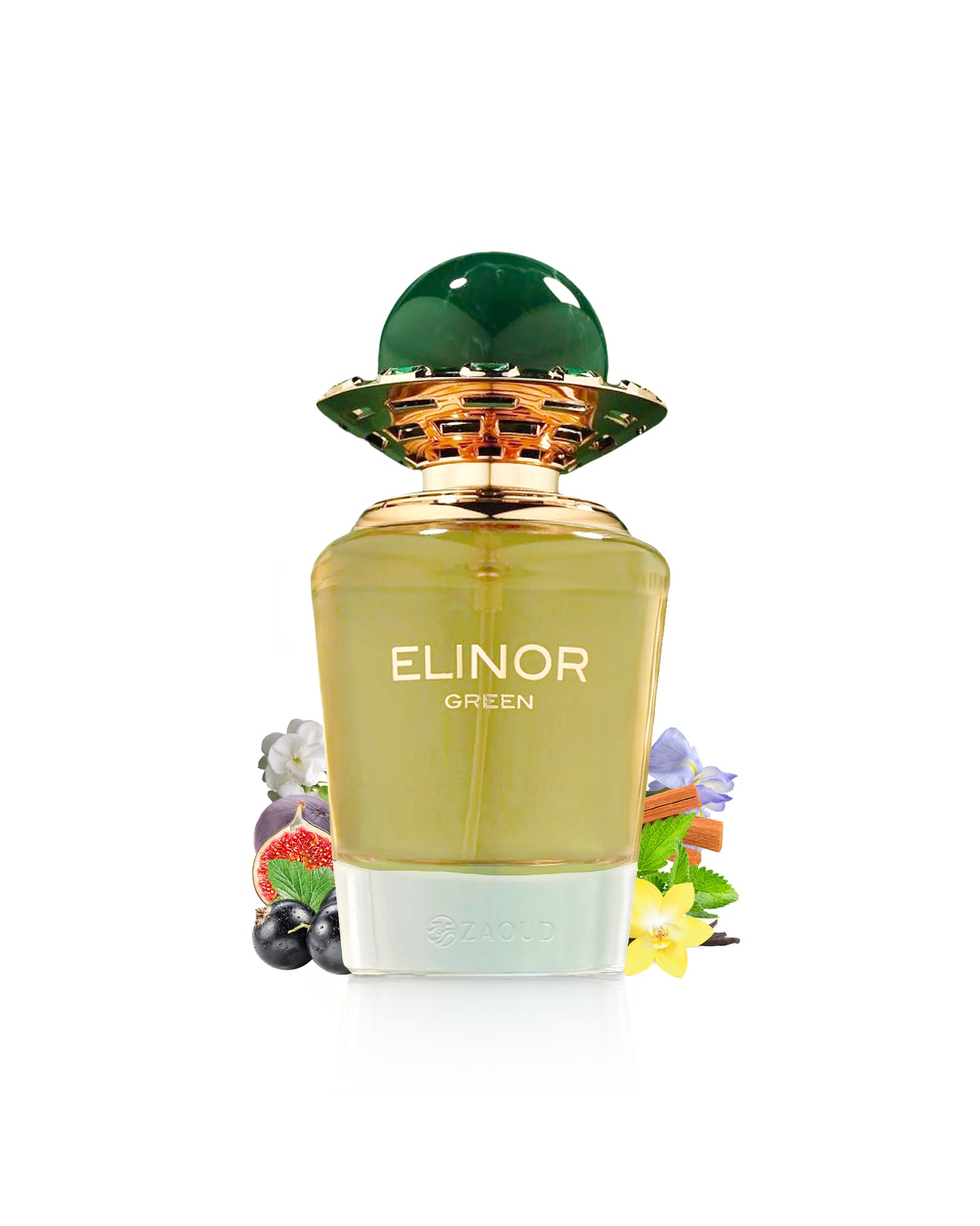 french avenue elinor green Perfume bottle labeled 'Elinor Green' with decorative elements like fig and vanilla on a white background