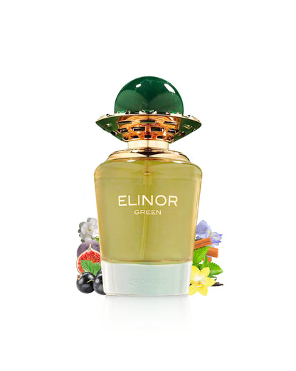 french avenue elinor green Perfume bottle labeled 'Elinor Green' with decorative elements like fig and vanilla on a white background