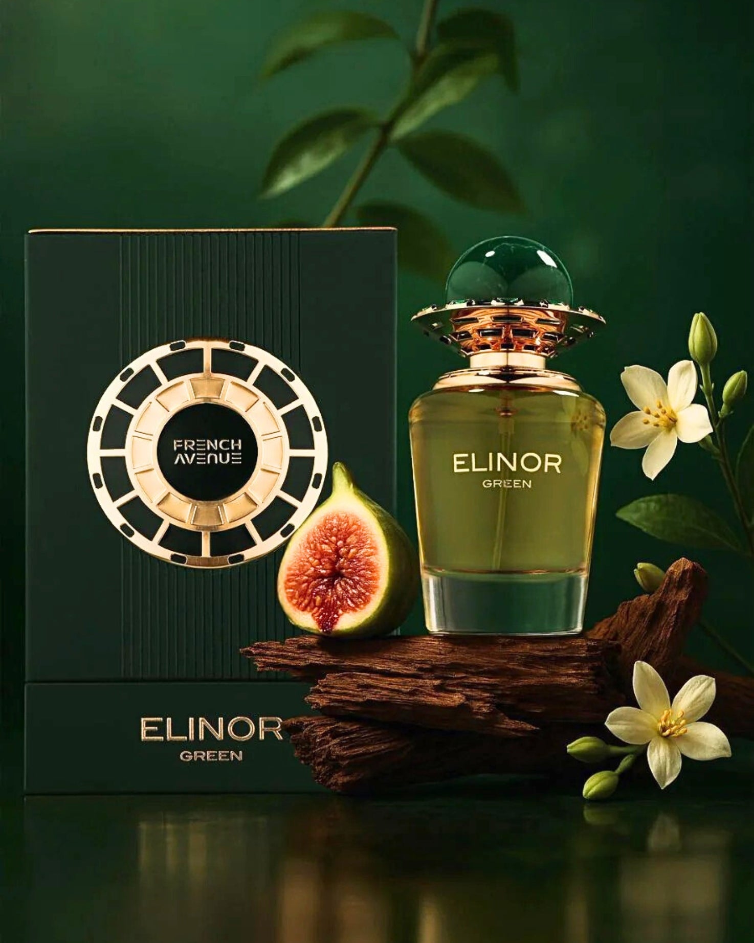 Elinor Green perfume bottle with packaging, fig, and flowers on a dark background