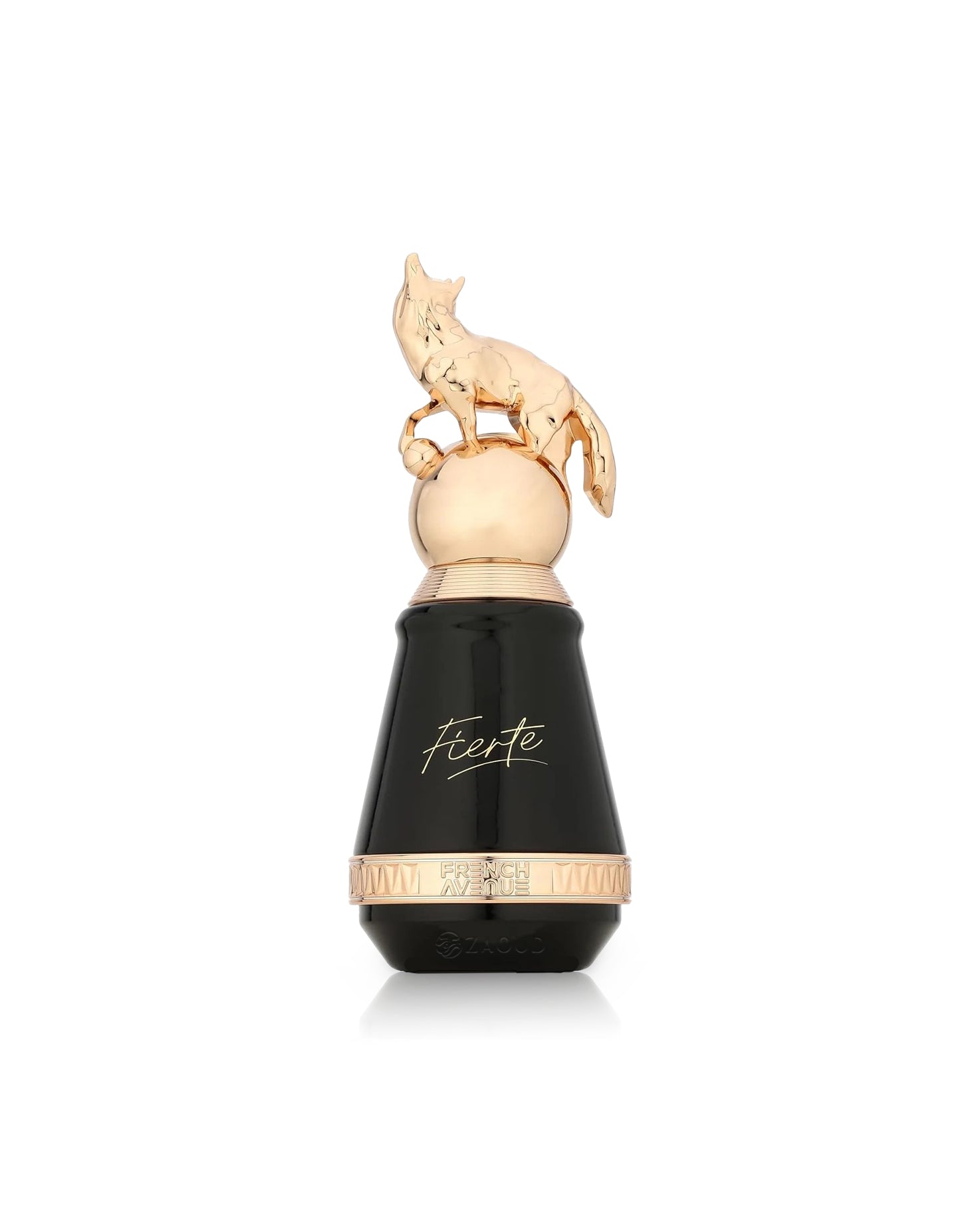 french avenue fierte Perfume bottle with gold cap and black body on a white background