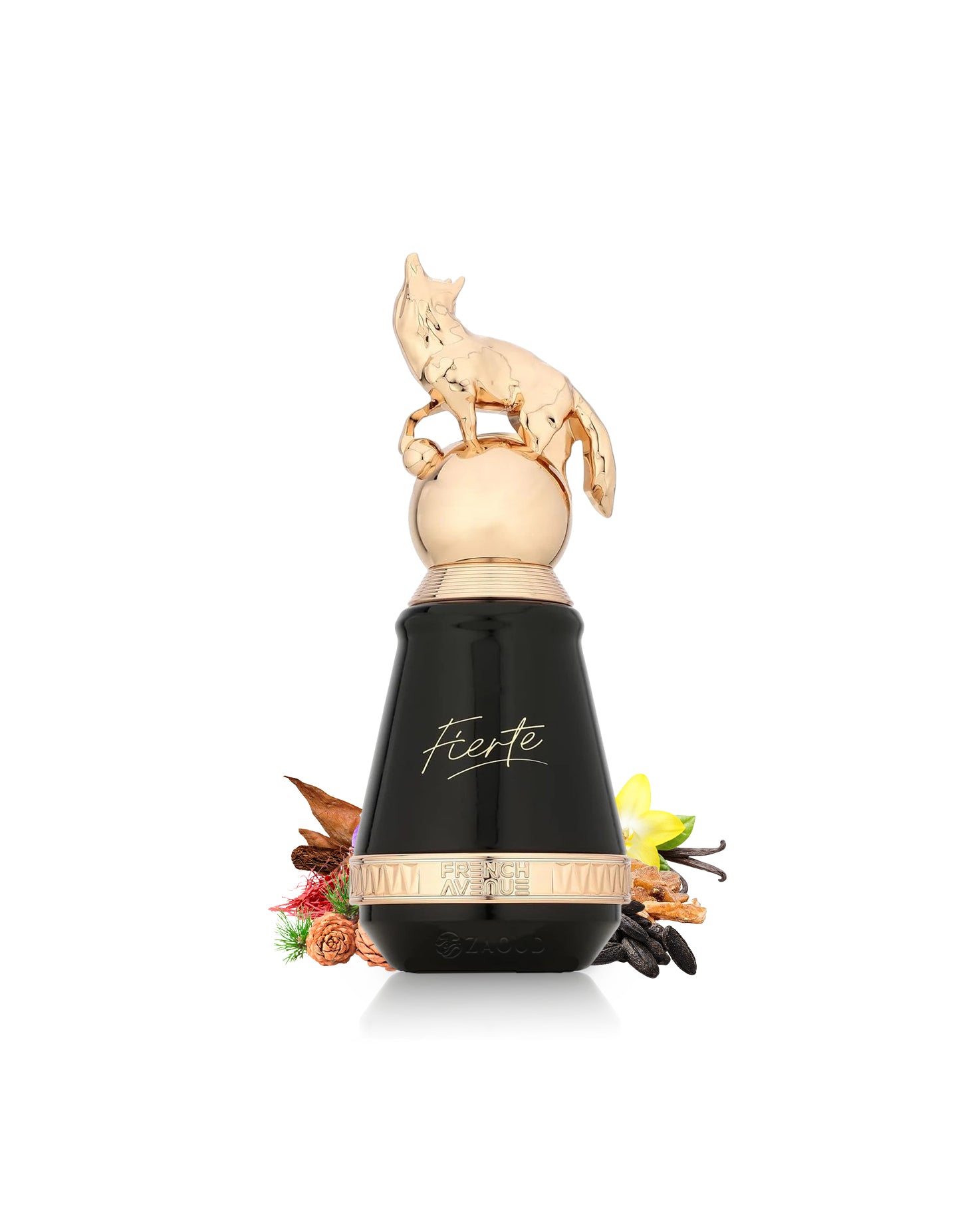french avenue fierte perfume bottle with gold cap and decorative elements like tonka and vanilla on a white background