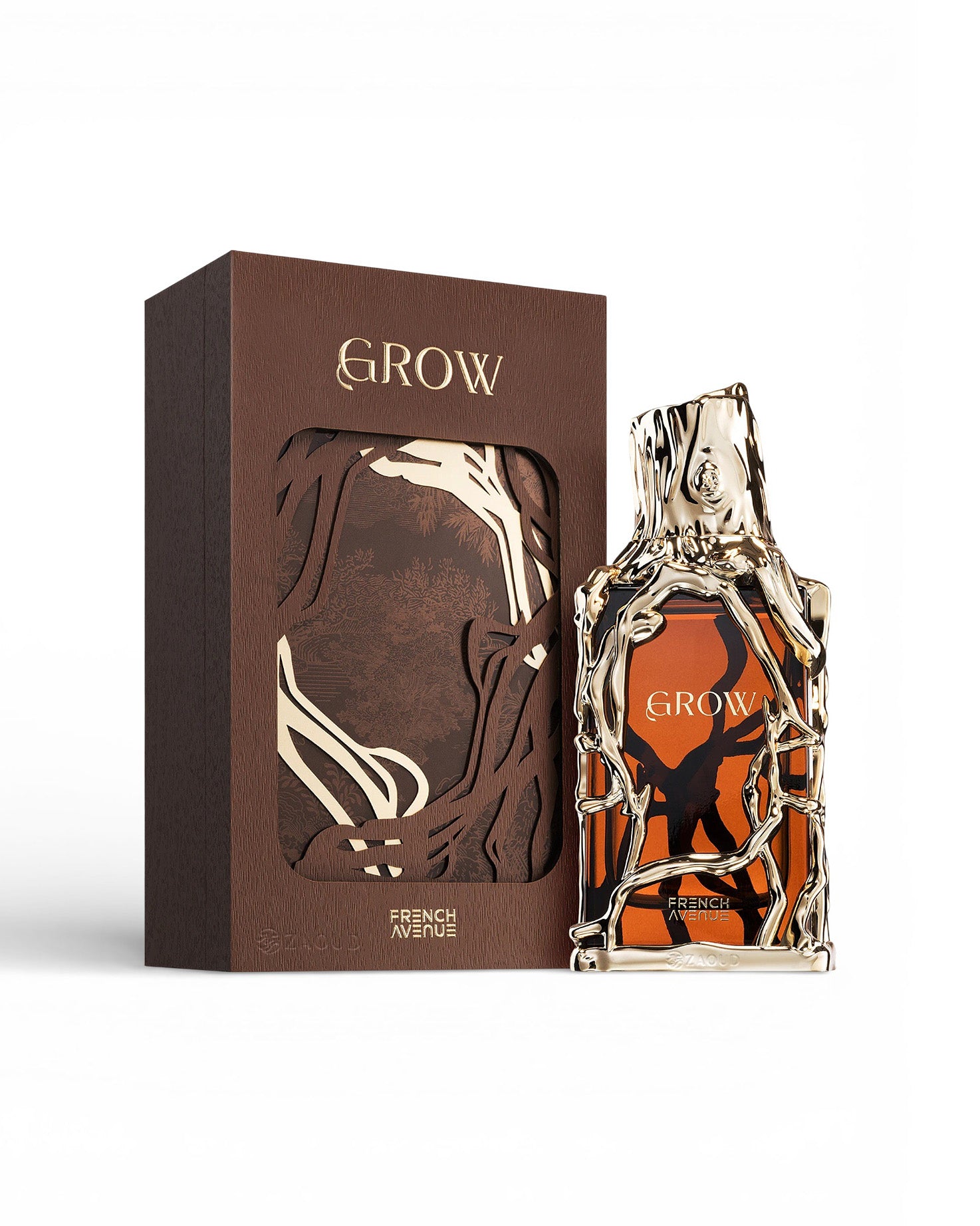 french avenue grow perfume bottle shows beside packaging  against white background