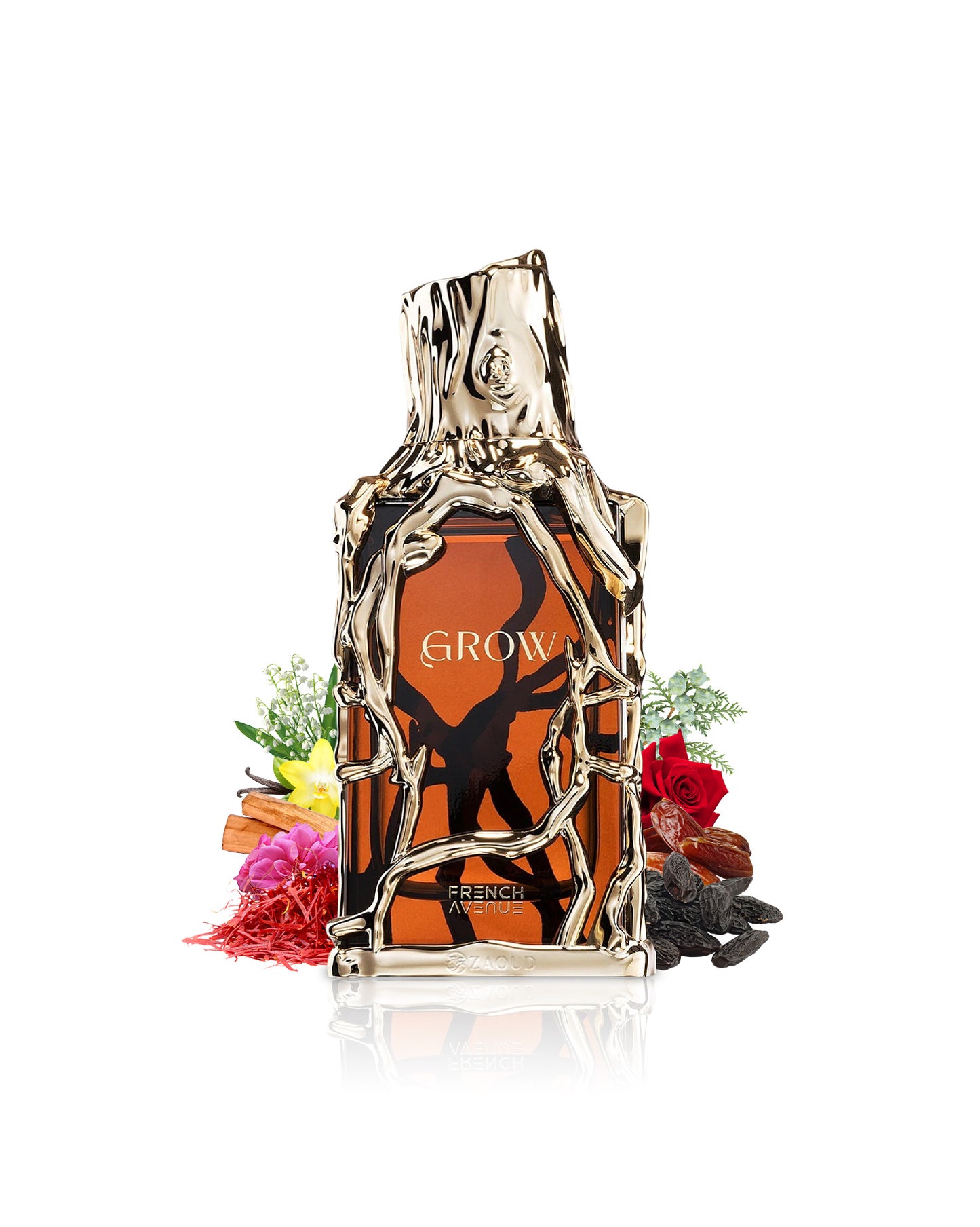 french avenue grow perfume bottle surrounded by fragrance notes like saffron and tonka shows against white background