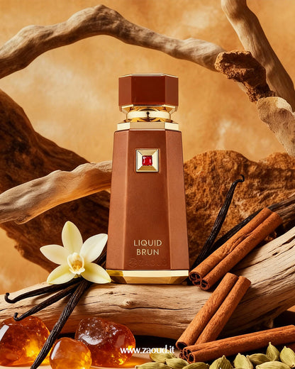 A professional photograph of a perfume bottle labeled ‘LIQUID BRUN’ is displayed. The bottle is elegantly surrounded by, vanilla bean pods, a single vanilla flower, cinnamon sticks, whole green cardamom pods, pieces of amber-colored resin, and various pieces of natural driftwood and rock. The background is a soft, ochre hue, creating a warm and inviting atmosphere.