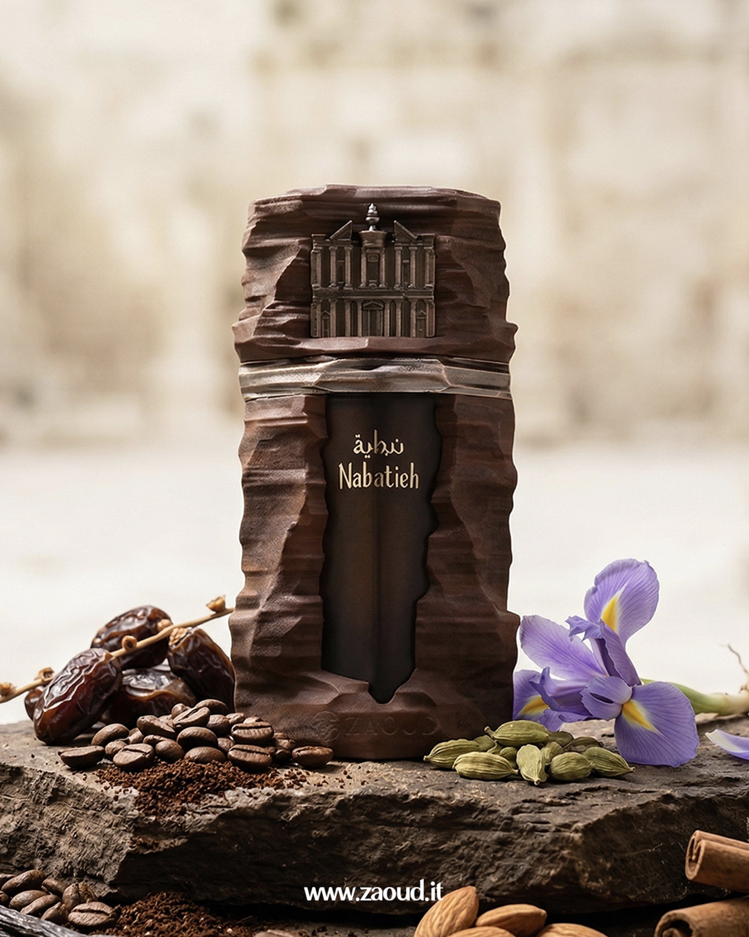 Nabatieh Perfume Bottle by French Avenue, surrounded by dates, almonds, and a purple flower.