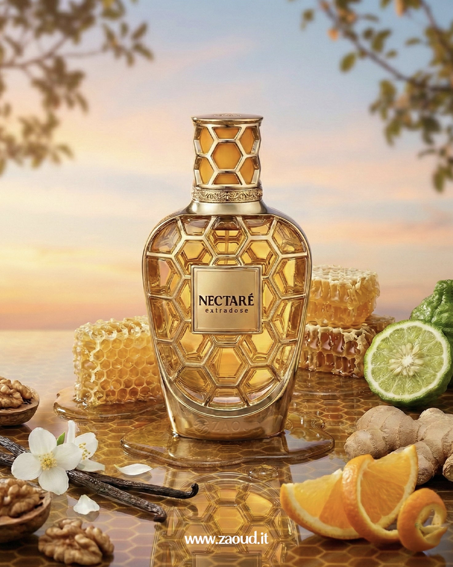 french-avenue-nectare-extradose Gold honeycomb-patterned bottle of Nectare with honeycomb, oranges, and flowers on a reflective surface.