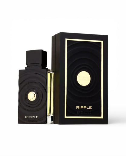 french avenue ripple perfume bottle shows beside its packaging  against white background
