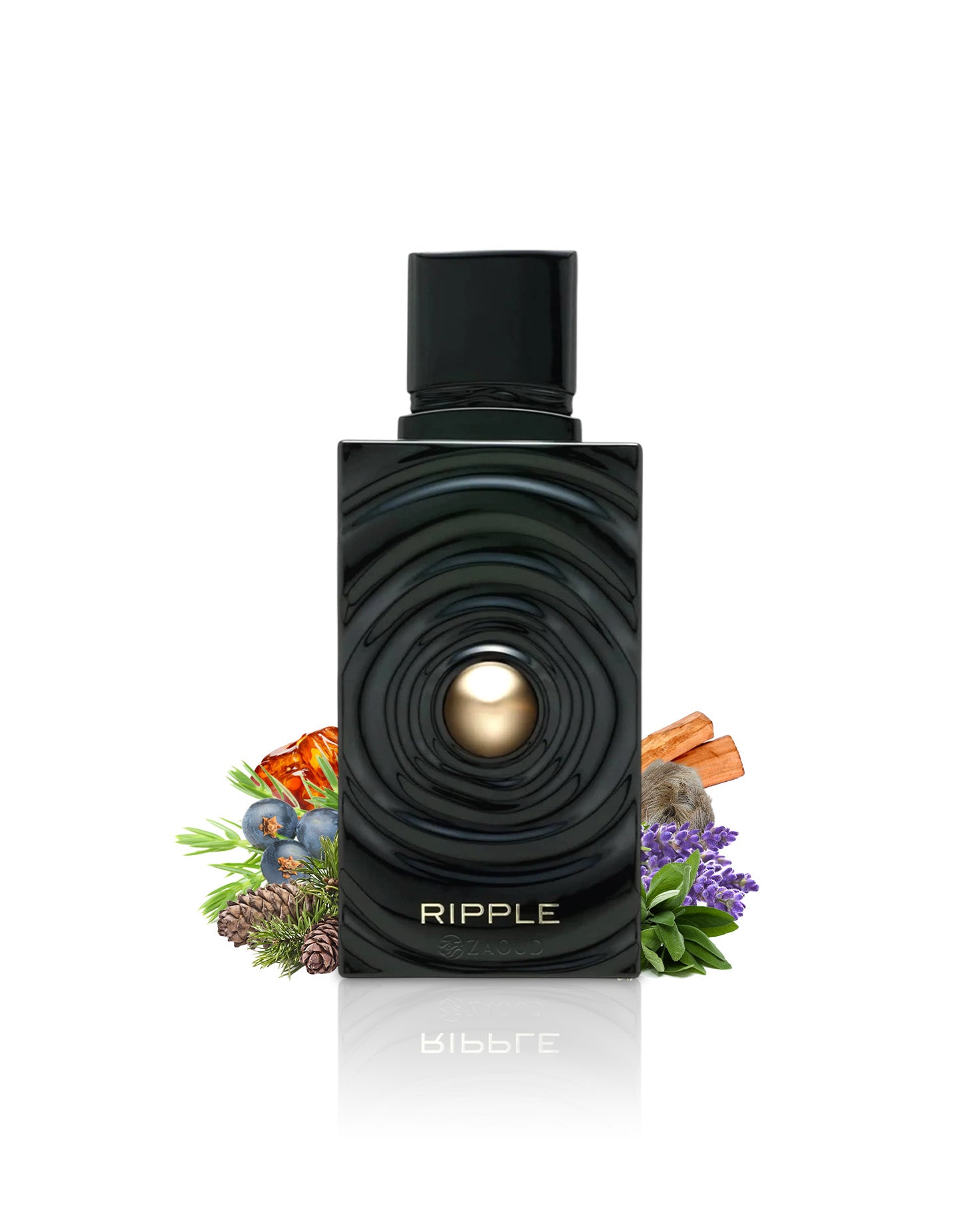 french avenue ripple perfume bottle surrounded by fragrance notes like sage and lavender shows against white background