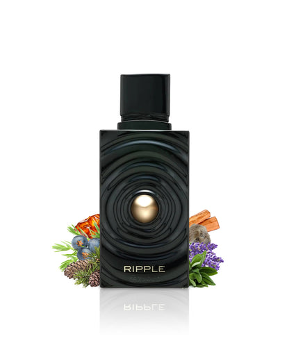 french avenue ripple perfume bottle surrounded by fragrance notes like sage and lavender shows against white background