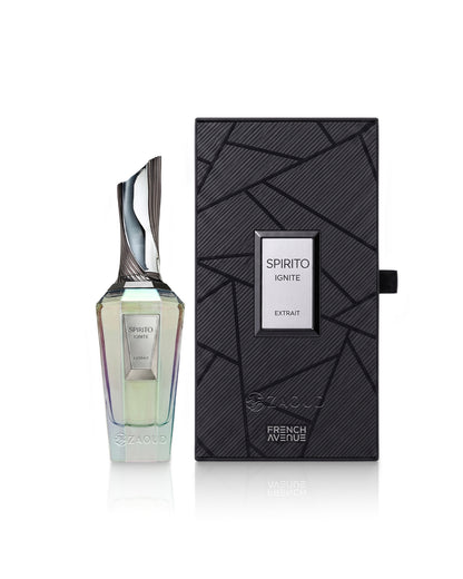 french avenue spirito ignite perfume bottle shows beside its packaging against white background