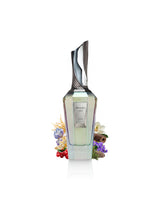 french avenue spirito ignite perfume bottle  surrounded by fragrance notes like iris and leather shows against white background