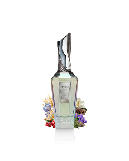 french avenue spirito ignite perfume bottle  surrounded by fragrance notes like iris and leather shows against white background