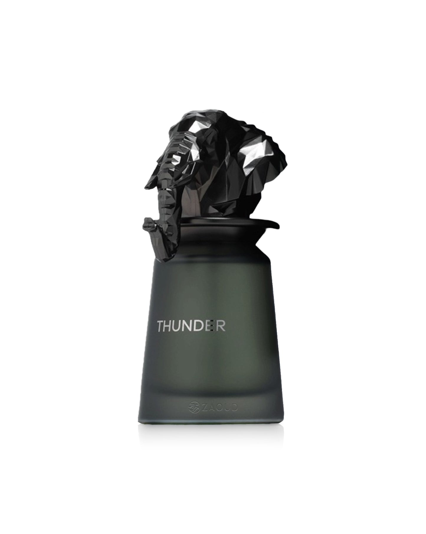 french avenue thunder Black sculpture on a green base with 'THUNDER' branding on a white background