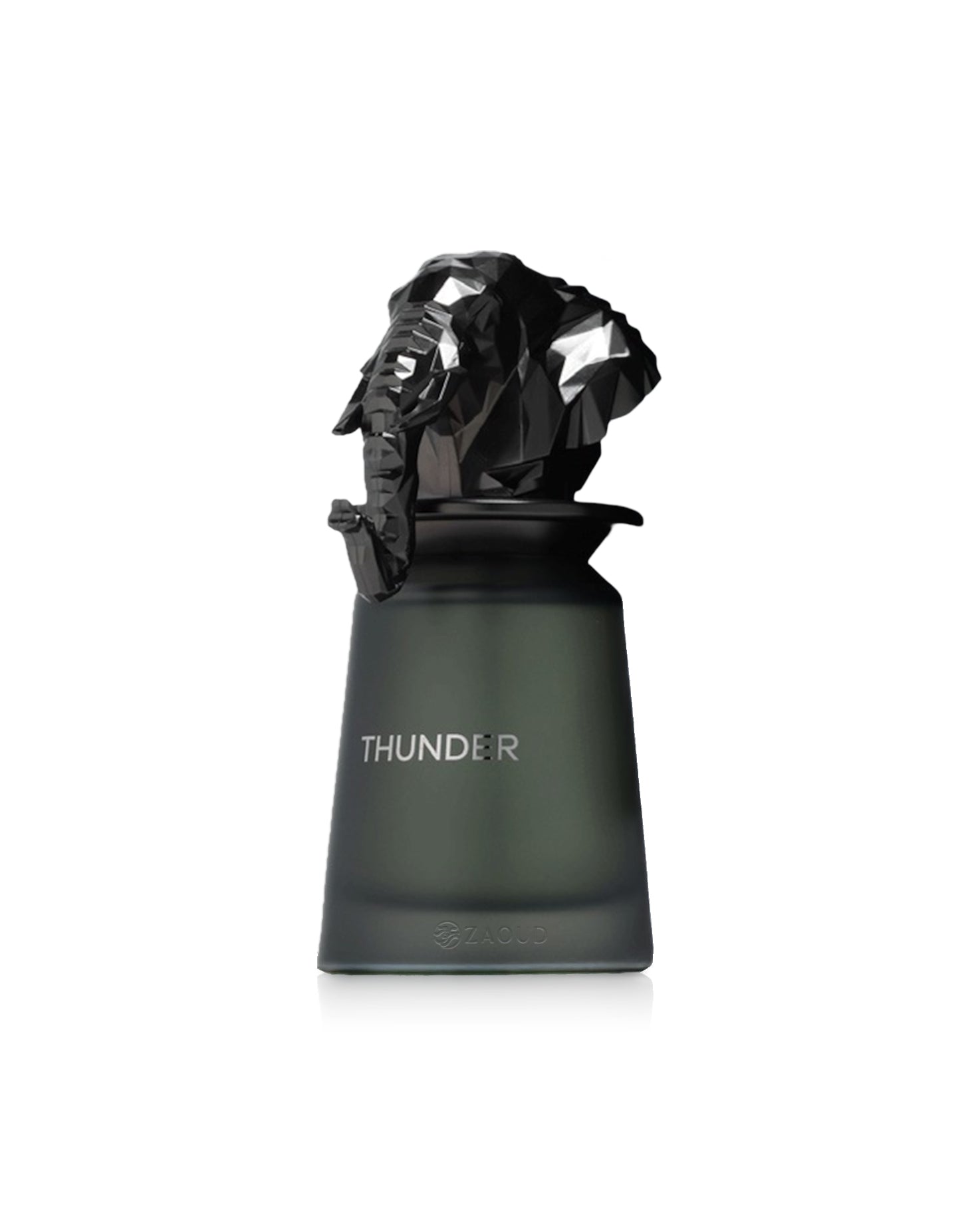 french avenue thunder Black sculpture on a green base with 'THUNDER' branding on a white background