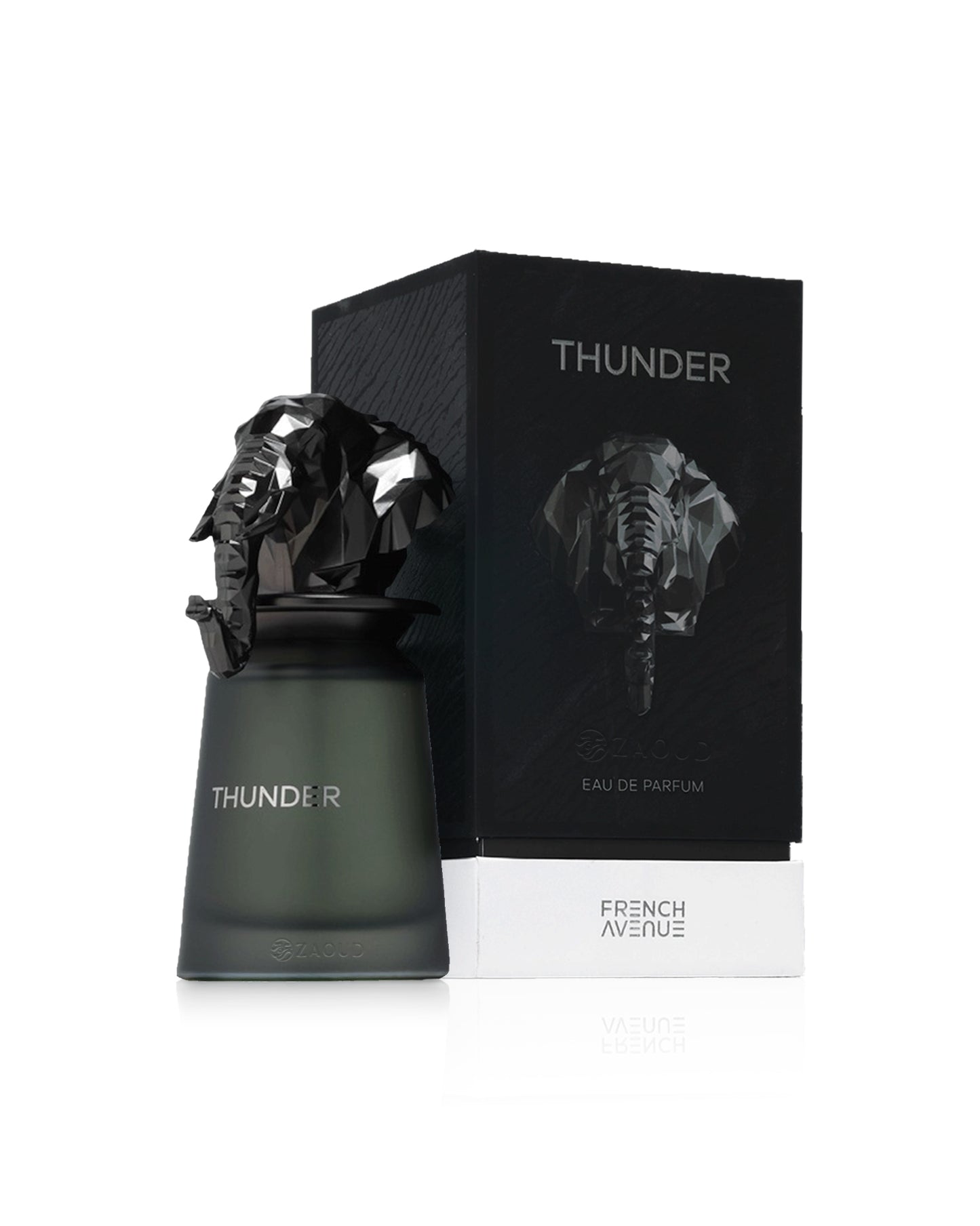 french avenue thunder Perfume bottle and packaging with 'THUNDER' branding on a white background
