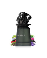 french avenue thunder Black perfume bottle with decorative elements like lavender and citrus on a white background