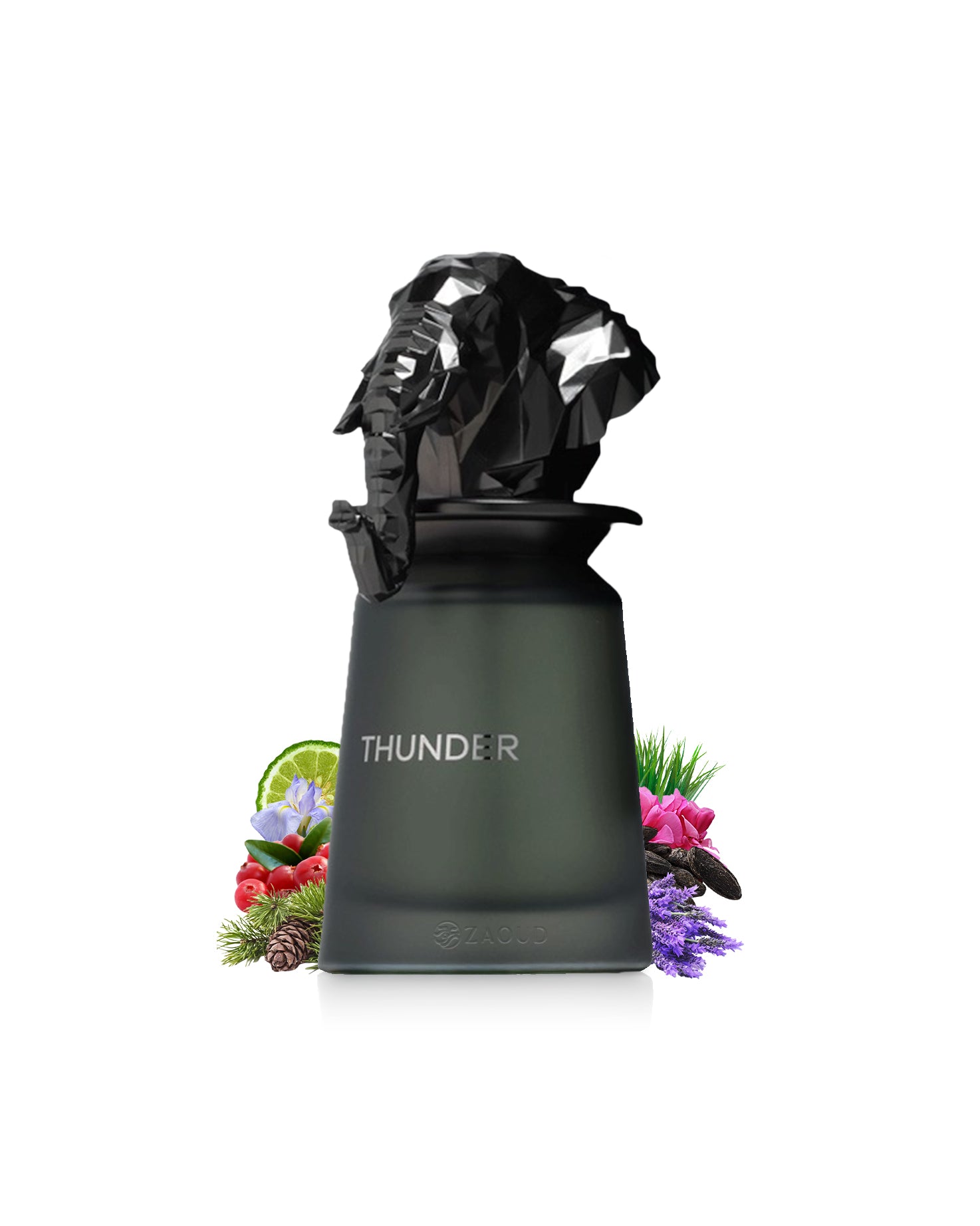 french avenue thunder Black perfume bottle with decorative elements like lavender and citrus on a white background