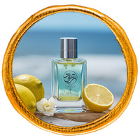 fresh Perfume bottle infront of sea beach surrounded by lemon with sea salt