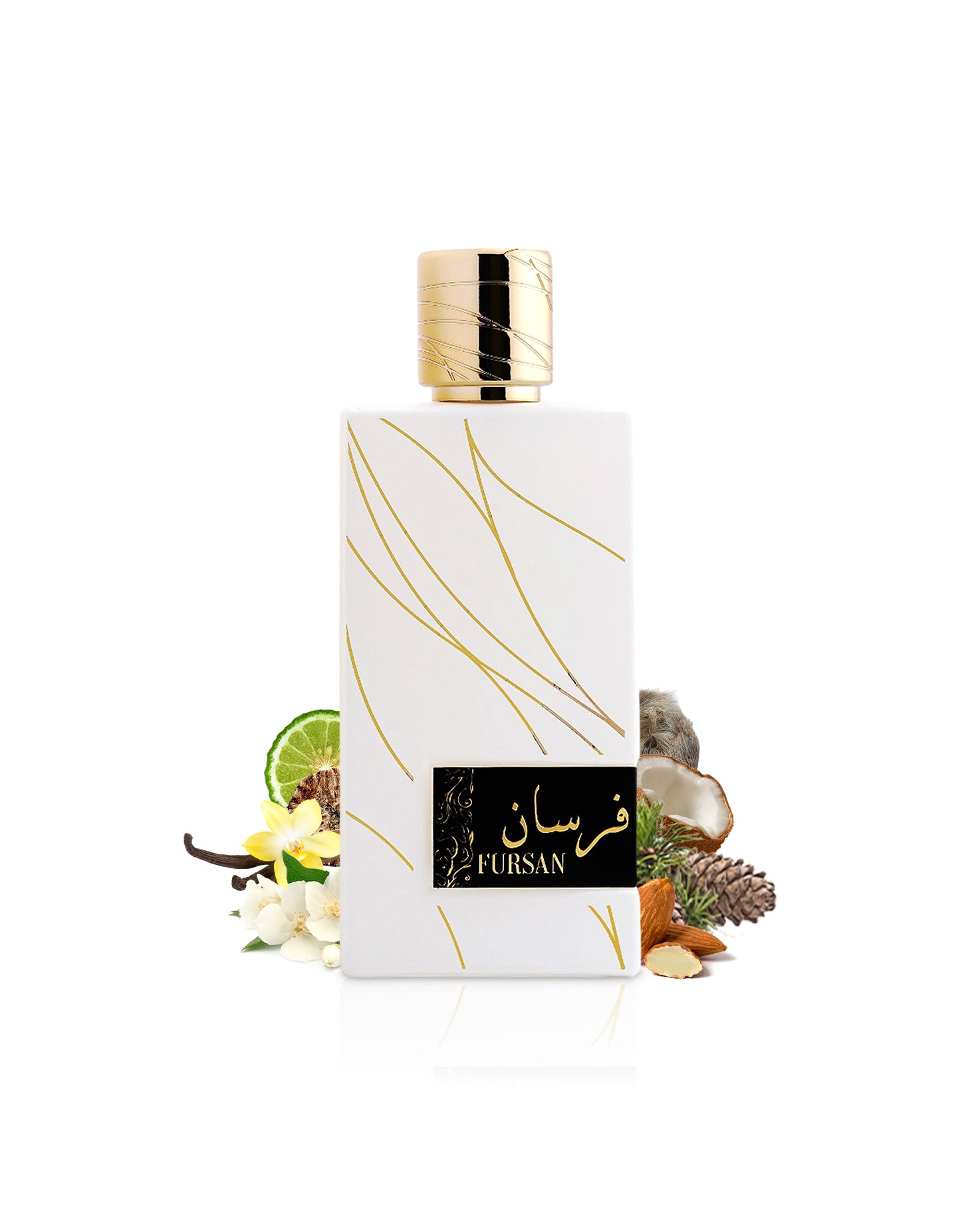 fursan white perfume bottle surrounded with fragrance notes like jasmine and almond shows against white background