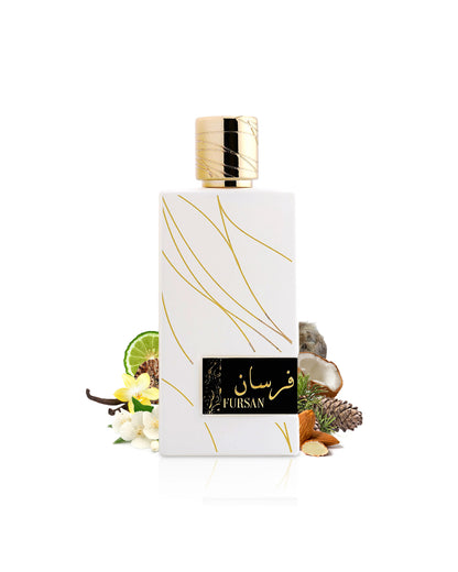 fursan white perfume bottle surrounded with fragrance notes like jasmine and almond shows against white background