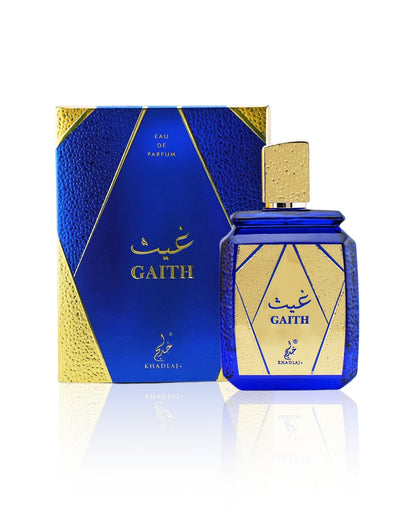 gaith eau de parfum by khadlaj perfumes bottle beside its box shows against white background