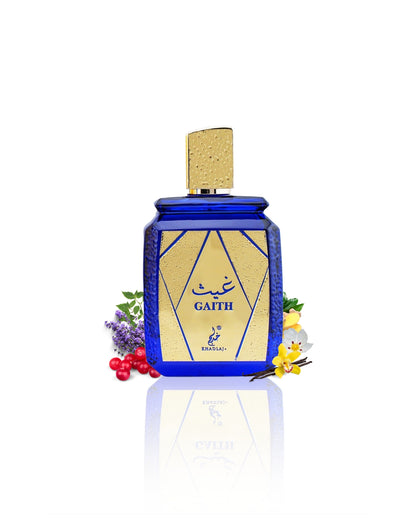 gaith eau de parfum by khadlaj perfumes bottle surrounded with its ingredients like vanilla and lavender with many more shows from behind the bottle shows against white background